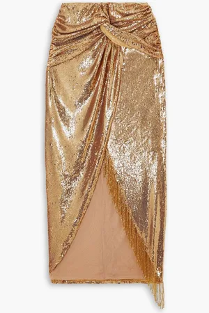 PATBO Fringed draped sequined satin midi skirt - Metallic