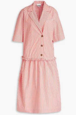 Ganni Gathered striped cotton-poplin midi shirt dress