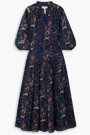 APIECE APART Trinidad belted tiered printed cotton-poplin maxi dress - Blue