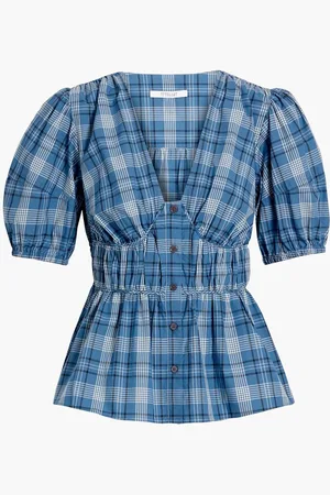 Derek Lam Maureen shirred checked cotton-poplin top