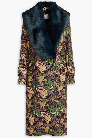 ZIMMERMANN Faux fur-trimmed double-breasted jacquard coat - Blue