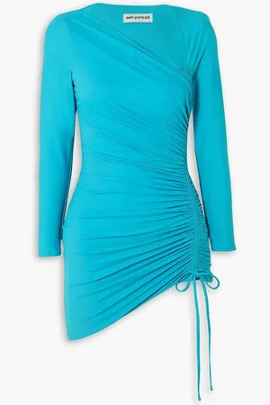 Self-Portrait Asymmetric ruched stretch-jersey mini dress - Blue