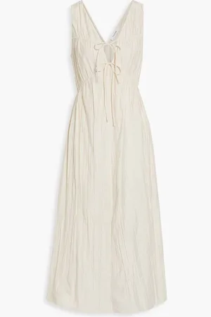 Frame Gathered crinkled-poplin midi dress - Neutral