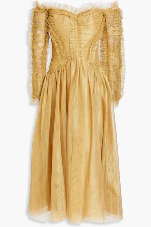 ZIMMERMANN Off-the-shoulder gathered metallic tulle midi dress - Metallic