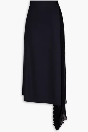 Chloé Pleated crepe de chine-paneled twill midi skirt - Blue