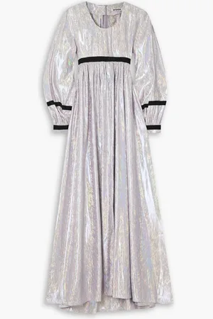BATSHEVA Faye velvet-trimmed holographic lamé maxi dress - Purple