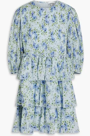 Ganni Tiered floral-print georgette mini dress - Blue
