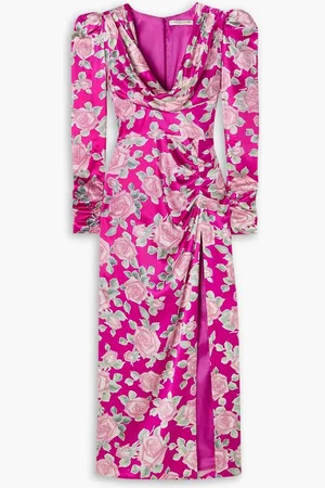 Alessandra Rich Draped floral-print duchesse silk-satin midi dress - Purple