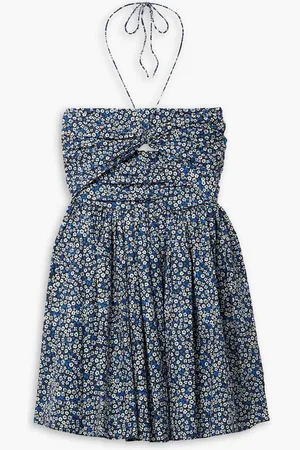 MATTEAU Cutout ruched floral-print cotton-poplin halterneck mini dress