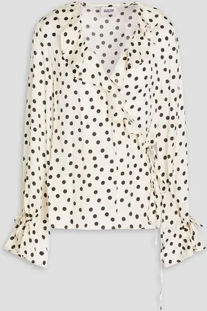 Claudie Pierlot Ruffled polka-dot satin-twill wrap blouse - White