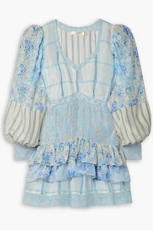 LOVESHACKFANCY Sienne ruffled printed silk crepe de chine mini dress - Blue