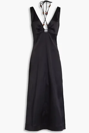 Ganni Bead-embellished ruched satin halterneck midi dress