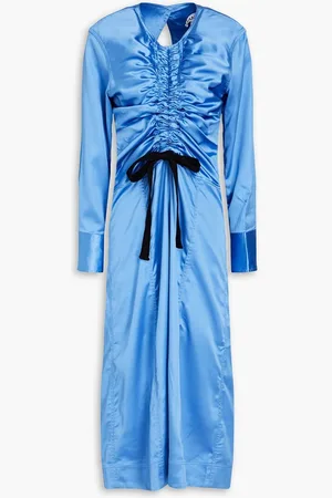 Ganni Ruched cutout satin midi dress - Blue