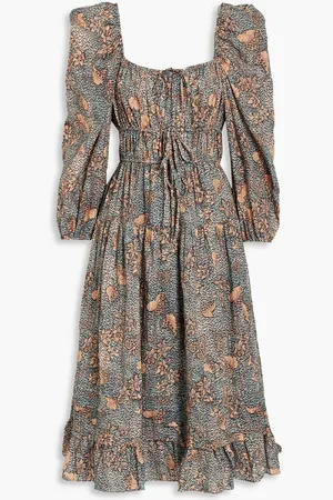 ULLA JOHNSON Isla gathered printed cotton-blend voile midi dress - Blue