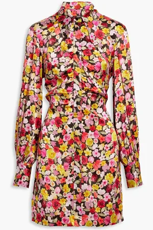Ganni Ruched floral-print silk-blend satin mini shirt dress