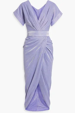 RHEA COSTA Wrap-effect draped glittered jersey midi dress - Purple