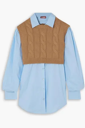 Staud Cooper layered cable-knit wool and cotton-poplin top - Brown