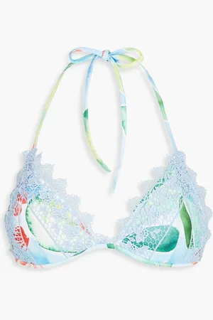 CHARO RUIZ IBIZA Uma printed stretch-jersey and crocheted lace bikini top - Blue