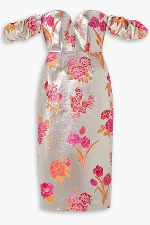 Markarian Adelaide off-the-shoulder metallic floral-jacquard midi dress - Metallic