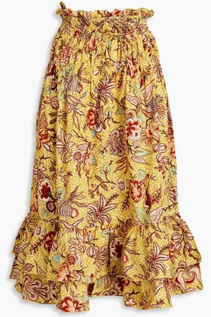 ULLA JOHNSON Acacia ruffled floral-print cotton-poplin midi skirt - Yellow
