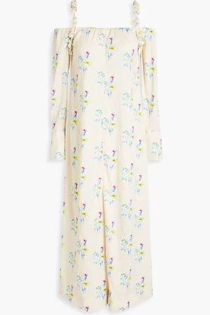Ganni Cold-shoulder floral-print crinkled-satin midi dress - Neutral