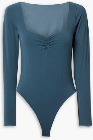 SKIN Idony ruched Pima cotton-jersey thong bodysuit - Blue
