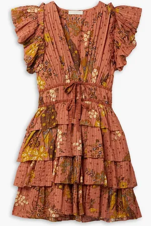 ULLA JOHNSON Marni gathered tiered printed cotton-blend mini dress - Orange