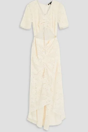 Maje Cutout ruched crocheted lace midi dress - White