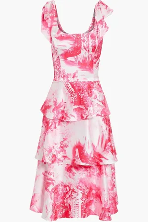 Marchesa Notte Bow-embellished tiered printed satin dress