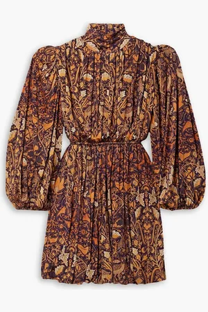 ULLA JOHNSON Wilhemina gathered printed stretch-jersey mini dress - Brown