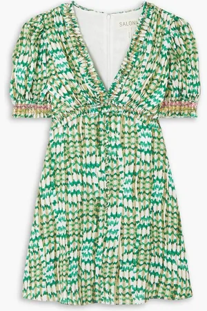 SALONI Lea smocked printed ECOVERO™-blend crepe mini dress - Green