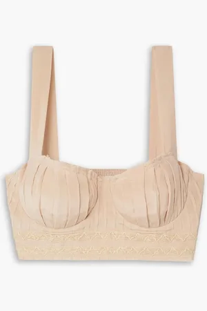 EMPORIO Dalia cropped raffia-trimmed silk crepe de chine top - Neutral