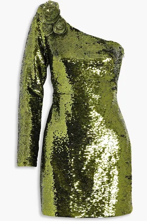 Marchesa Notte One-sleeve sequined tulle mini dress - Green