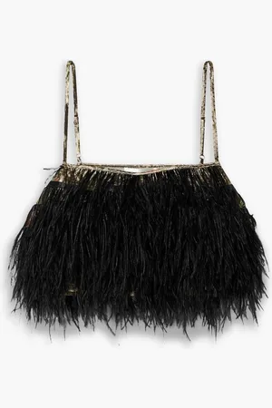 LOVESHACKFANCY Dusty cropped feather-trimmed printed lamé camisole