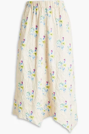 Ganni Floral-print crinkled-satin midi skirt - Yellow