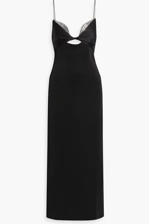 GALVAN Embellished cutout satin and crepe midi dress