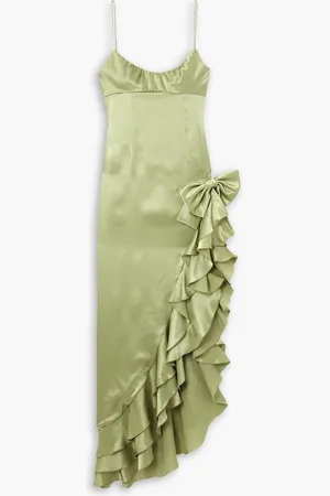 Alessandra Rich Asymmetric ruffled silk-satin maxi dress - Green