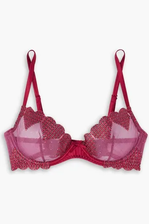 FLEUR DU MAL Metallic embroidered tulle underwired soft-cup bra - Burgundy