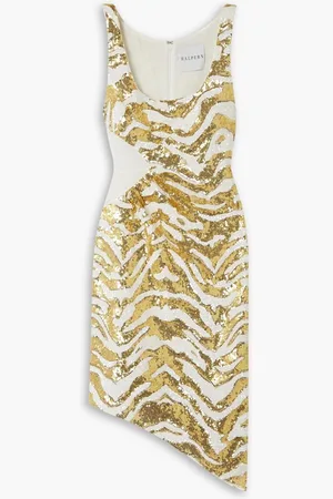 HALPERN Asymmetric tiger-print sequined tulle dress - Metallic