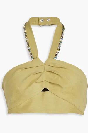 Sandro Cropped crystal-embellished woven halterneck top - Green