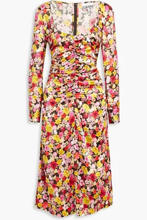 Ganni Ruched floral-print silk-blend satin midi dress