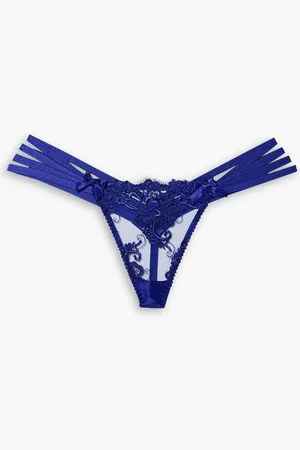 Agent Provocateur Dioni stretch-silk satin-trimmed embroidered tulle thong - Blue