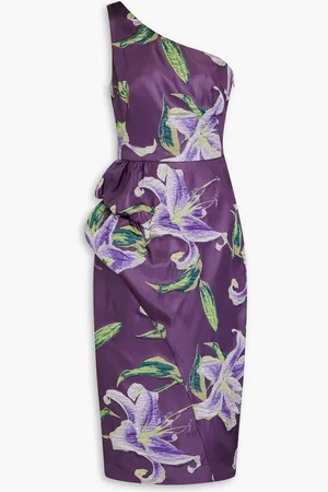 Marchesa Notte One-shoulder draped floral-jacquard midi dress