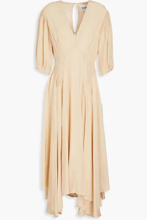 TOVE Veda pleated silk-crepon midi dress - Neutral