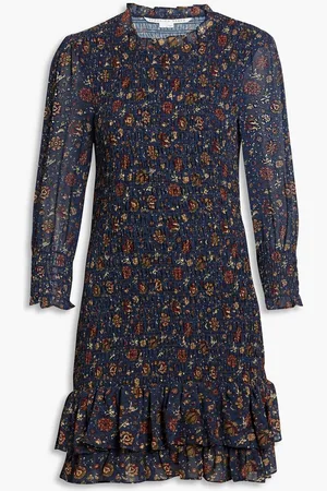VERONICA BEARD Farha shirred floral-print crepe de chine mini dress - Blue
