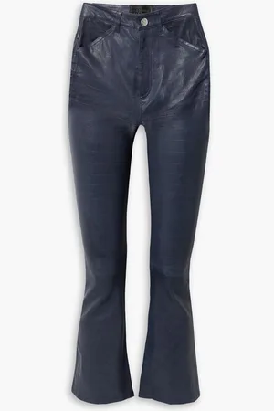SPRWMN Cropped croc-effect leather flared pants - Blue