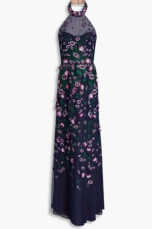 Marchesa Notte Embroidered tulle-paneled chiffon gown - Blue