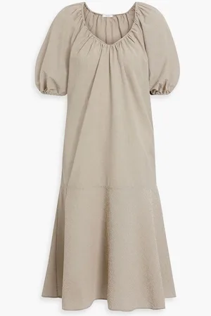 IRIS & INK Esme gathered gingham cotton-blend seersucker midi dress - Brown