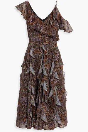 MIKAEL AGHAL Ruffled metallic printed crepe de chine midi dress