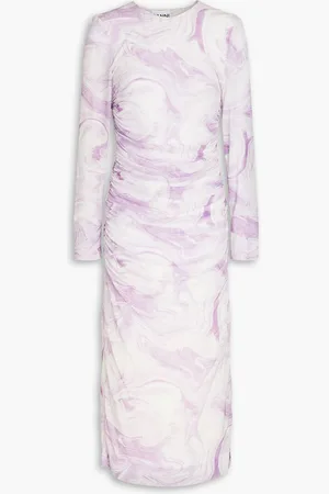 Ganni Ruched printed mesh midi dress - Purple